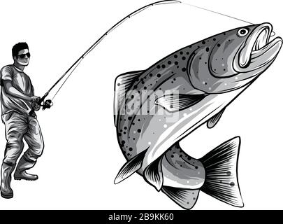 Pêcheur dans des bottes en caoutchouc avec un poisson pêché et une tige de pêche isolée sur fond blanc vecteur Illustration de Vecteur