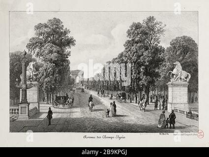 Avenue des champs-Élysées Jean Charles Adrien Fournier . Avenue des champs Elysées. Lithographie en noir et blanc. Paris, musée Carnavalet. Banque D'Images