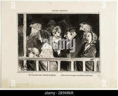 Les bons Parisiens # 1. Les Parisiens attendent le plaisir; -deux heures en ligne dans n'importe quel théâtre. Honoré Daumier (1808-1879). Les bons Parisiens n°1. Des Parisiens dans l'attente du plaisir ; deux heures de queue à un théâtre quelconque. Lithographie en noir. Paris, musée Carnavalet. Banque D'Images