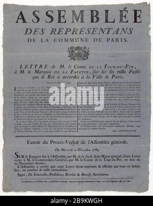 ASSEMBLÉE des représentants [sic] DU PARIS COMMUN. LETTRE du comte DE LA TOUR-DU-PIN, au marquis de la Fayette, sur les six mille fusils que le roi a accordés à la Ville de Paris. Solution de 1789. De la Tour-du-PIN, de Sémonville. Fiche de la lettre de M. le comte de la Tour-du-PIN adressée à M. le marquis de la Fayette concernant les six mils que le Roi Louis XVI (1754-93) accordés à la Ville de Paris. Gravure sur bois et typographie, papier bleu, 1789. Imprimeur Lottin. Paris, musée Carnavalet. Banque D'Images