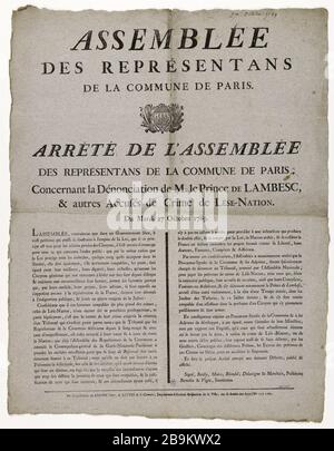 ASSEMBLÉE des représentants [sic] DU PARIS COMMUN. ORDRE DE L'ASSEMBLÉE des représentants [sic] DU PARIS COMMUN, concernant M. Prince Dénonciation DE LAMBESC, et d'autres accusés de meurtre DE LA NATION LESE. Résolution française de 1789. Bailly, Blondel, Delavigne, Marchais, Bertolio, Vigée. Fiche de l'arrêté du 27 octobre 1789 de l'Assemblée des Reprétants de la commune de Paris relatif à la libération de M. le Prince de Lambesc et autres accusés de crime de lèse-nation concernant l'évéaction du 12 juillet 1789 survenu au jardin des Tuileries. Gravure sur bois et typographie, p Banque D'Images
