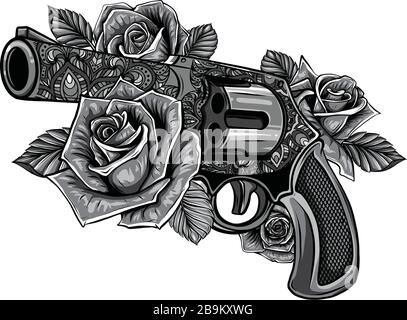 Illustration tatouage du revolver colt avec trois roses Illustration de Vecteur