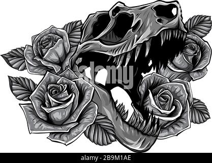 Dessin de style d'esquisse monochromatique détaillé du cadre roaring tyrannosaure rex et roses. Motif tatouage. Illustration de Vecteur