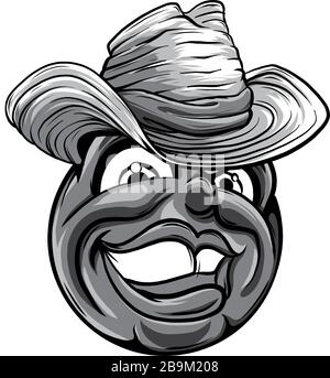 Émoticône monochromatique souriant portant un chapeau de cowboy, un émotiji, un smiley Illustration de Vecteur