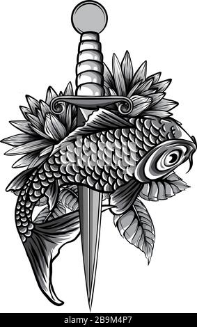 poisson chinois tiré monochromatique nageant dans l'eau Illustration de Vecteur