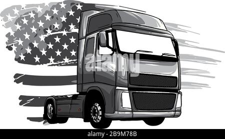 Camion monochromatique classique américain. Illustration vectorielle avec drapeau américain Illustration de Vecteur