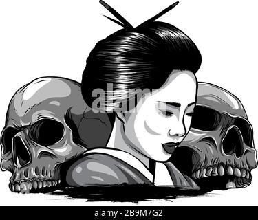 Illustration vectorielle monochromatique du crâne de geisha avec un style vintage de tatouage et des mots kanji traditionnels japonais signifie force Illustration de Vecteur