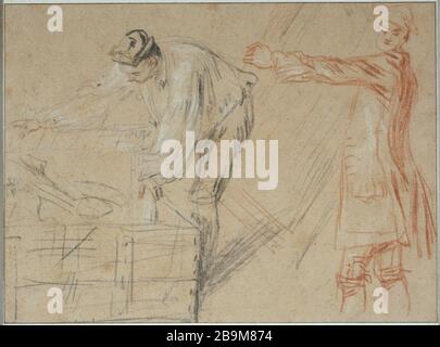 ÉTUDE DE DEUX FIGURES DE PACKERS OF SIGN DE Gersaint Jean-Antoine Watteau (1684-1721). 'Etude pour les deux figurines d'emballeurs de l'enligne de Gersaint'. Dessert, 1720. Paris, musée Cognacq-Jay. Banque D'Images