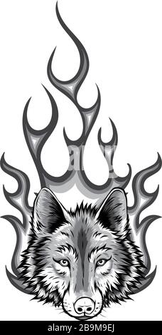 Logo de mascot vectoriel monochromatique à flammes de loup Illustration de Vecteur