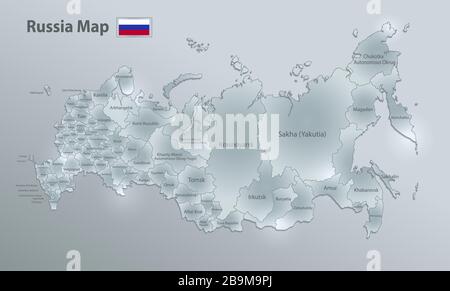 Carte et drapeau de la Russie, division administrative sépare les régions et les noms, design carte de verre vecteur tridimensionnel Illustration de Vecteur