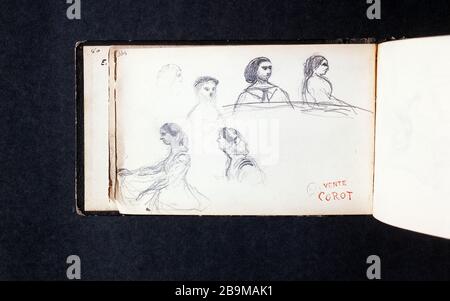 CROQUIS DU LIVRE DES DESSINS COROT : CROQUIS DES FEMMES ET VENTE ROUGE DE TIMBRES COROT (PAGE 4) JEAN-BAPTISTE CAMILLE COROT (1796-1875). Carnet de croquis de dessins de Corot : croquis de femme et cachet rouge vente Corot (page 4). Crayon. Paris, musée Carnavalet. Banque D'Images