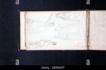 CROQUIS DU LIVRE DES DESSINS COROT : CINQ CROQUIS DE FEMMES ET DE LA VENTE ROUGE DE TIMBRES COROT (PAGE 8) JEAN-BAPTISTE CAMILLE COROT (1796-1875). Carnet de croquis de dessins de Corot : cinq croquis de femmes et cachet rouge tente Corot (page 8). Crayon. Paris, musée Carnavalet. Banque D'Images