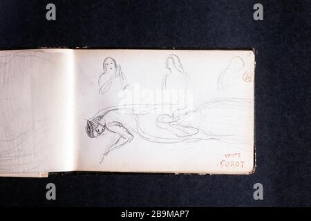 CROQUIS DU LIVRE DES DESSINS COROT : CINQ CROQUIS DE FEMMES ET DE LA VENTE ROUGE DE TIMBRES COROT (PAGE 17) JEAN-BAPTISTE CAMILLE COROT (1796-1875). Carnet de croquis de dessins de Corot : cinq croquis de femmes et cachet rouge tente Corot (page 17). Crayon. Paris, musée Carnavalet. Banque D'Images
