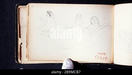 DESSIN D'ESQUISSE DE LIVRE COROT: TROIS SILHOUETTES AVEC UNE FEMME ALLONGÉ PRENANT UN ENFANT ET TIMBRE ROUGE VENTE COROT (PAGE 32) JEAN-BAPTISTE CAMILLE COROT (1796-1875). Carnet de croquis de dessins de Corot : trois silhouettes dont une femme couchée locataire un enfant et cachet rouge tente Corot (page 32). Crayon. Paris, musée Carnavalet. Banque D'Images