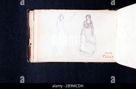 DESSIN D'ESQUISSE DE LIVRE COROT: DEUX SILHOUETTES DE FEMMES DANS LES ATTITUDES DU THÉÂTRE ET VENTE ROUGE DE TIMBRE COROT (PAGE 38) JEAN-BAPTISTE CAMILLE COROT (1796-1875). Carnet de croquis de dessins de Corot : deux silhouettes de femmes dans les attitudes de théâtre et de cachet rouge vente Corot (page 38). Crayon. Paris, musée Carnavalet. Banque D'Images