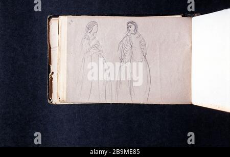 DESSIN D'ESQUISSE DE LIVRE COROT: DEUX SILHOUETTES DE FEMMES EN COSTUME DE THÉÂTRE (PAGE 56) JEAN-BAPTISTE CAMILLE COROT (1796-1875). Carnet de croquis de dessins de Corot : deux silhouettes de femmes en costume de théâtre (page 56). Crayon. Paris, musée Carnavalet. Banque D'Images