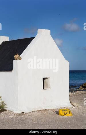 Huttes d'esclaves blanches historiques sur la côte de Bonaire, des îles ABC Antilles néerlandaises, mer de Carbbean Banque D'Images