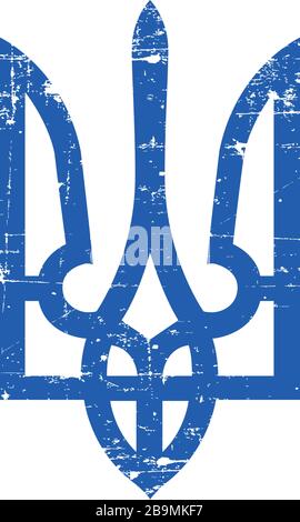 Tryzub. Texture de Grunge bleu et jaune d'Ukraine armoiries, symbole national trident. Tryzub. Illustration vectorielle de stock isolée sur fond blanc Illustration de Vecteur