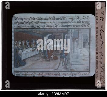 Manuscrits. Alexander banquet Peacock Manuscrits. 'Alexandre, banquet du paon'. Plaque de projection noir et blanc. 1900-1930. Photographie de Jacques-Ernest Bulloz (1858-1942). Musée des Beaux-Arts de la Ville de Paris, petit Palais. Banque D'Images