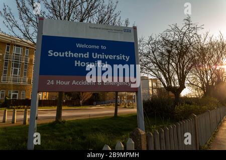 Un panneau à Southend University Hospital marque l'entrée de A&E ouvert 24 heures sur 24 Les arbres et les bâtiments encadrent la scène dans la douce lumière du matin. Banque D'Images