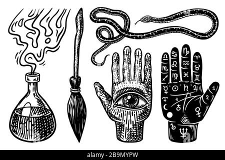 Éléments boho magiques mystiques. Ensemble astrologique sorcellerie. Esquisse ésotérique alchimie occulte pour tatouage ou tee-shirts. Palmitique Snake Broom Elixir Potion Illustration de Vecteur