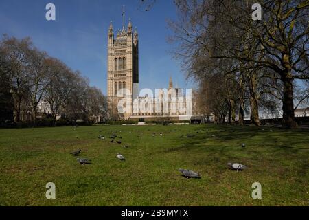 Londres, Royaume-Uni. 24 mars 2020. La photo prise le 24 mars 2020 montre une vue générale des Chambres du Parlement après que le gouvernement britannique ait imposé de nouvelles restrictions à la circulation à Londres, en Grande-Bretagne. Le nombre de cas confirmés de COVID-19 en Grande-Bretagne a atteint 8 077 mardi matin, selon la dernière figure du Département de la santé et des soins sociaux. Crédit: Tim Irlande/Xinhua/Alay Live News Banque D'Images