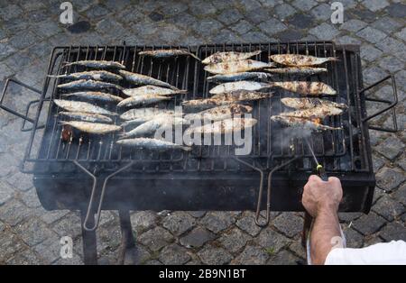 Sardines typiquement portugaises grillées cuites dans des coals chauds Banque D'Images