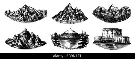 Ensemble de pics de montagnes, rock vintage, gamme de montagnes anciennes. Esquisse extérieure vectorielle dessinée à la main avec un style gravé. Alpes et Chamonix-Mont-Blanc pour la randonnée Illustration de Vecteur