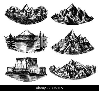 Ensemble de pics de montagnes, rock vintage, gamme de montagnes anciennes. Esquisse extérieure vectorielle dessinée à la main avec un style gravé. Alpes et Chamonix-Mont-Blanc pour la randonnée Illustration de Vecteur