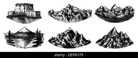 Ensemble de pics de montagnes, rock vintage, gamme de montagnes anciennes. Esquisse extérieure vectorielle dessinée à la main avec un style gravé. Alpes et Chamonix-Mont-Blanc pour la randonnée Illustration de Vecteur
