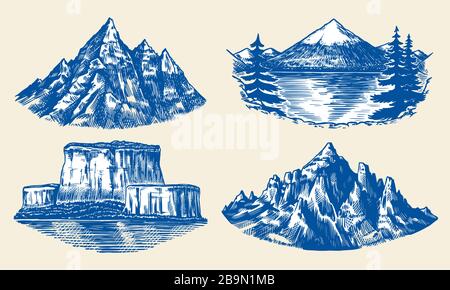 Ensemble de pics de montagnes, rock vintage, gamme de montagnes anciennes. Esquisse extérieure vectorielle dessinée à la main avec un style gravé. Alpes et Chamonix-Mont-Blanc pour la randonnée Illustration de Vecteur