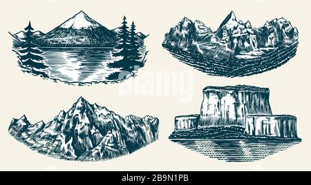 Ensemble de pics de montagnes, rock vintage, gamme de montagnes anciennes. Esquisse extérieure vectorielle dessinée à la main avec un style gravé. Alpes et Chamonix-Mont-Blanc pour la randonnée Illustration de Vecteur