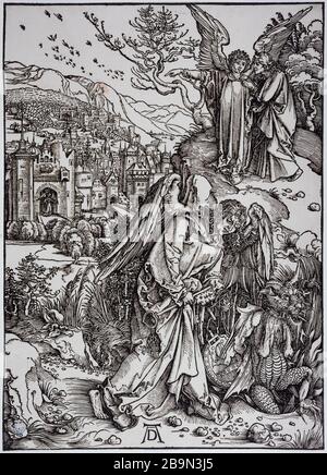 ANGEL PRENANT LA CLÉ DE L'ABYSS BARTSCH 75; ÉDITION ALLEMANDE ALBRECHT DÜRER (1471-1528). 'L'Ange tenant la clé de l'île ; Bartsch 75 ; audition allemande'. Gravure sur bois, vers 1496-1497. Musée des Beaux-Arts de la Ville de Paris, petit Palais. Banque D'Images