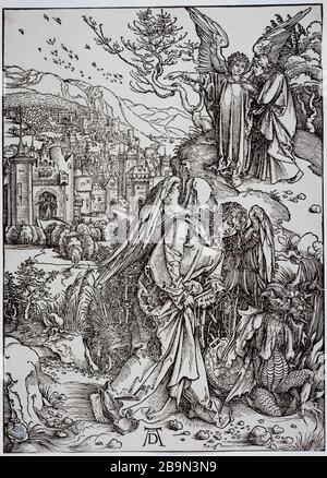 ANGEL PRENANT LA CLÉ DE L'ABYSS BARTSCH 75; LATIN EDITION ALBRECHT DÜRER (1471-1528). 'L'Ange tenant la clé de l'île Bartsch 75 ; Édition latine'. Gravure sur bois, vers 1496-1497. Musée des Beaux-Arts de la Ville de Paris, petit Palais. Banque D'Images