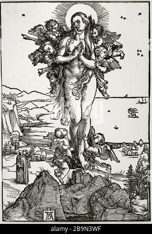 SAINTE MADELEINE TRANSPORTÉE AU CIEL PAR LES ANGES ALBRECHT DÜRER (1471-1528). 'Saint Madeleine transporte au ciel par les anges'. Gravure sur bois, vers 1504-1505. Musée des Beaux-Arts de la Ville de Paris, petit Palais. Banque D'Images