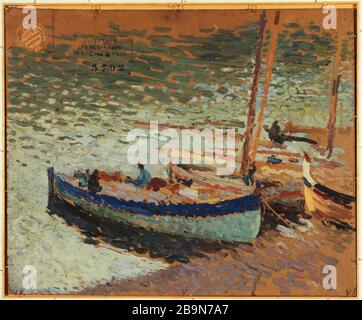 Bateaux dans le port (arrière du bouquet de bleuets de la Table) Henri Martin (1860-1943). 'Barques au port' (dos du tableau 'Bouquet de bleuets'). Huile sur étoile. Musée des Beaux-arts de la ville de Paris, petit Palais. Banque D'Images