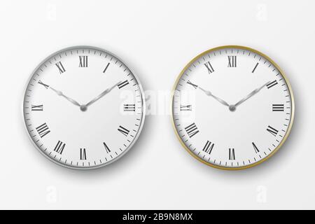 Horloge murale simple ronde argent et or Vector 3-d réaliste avec icône cadran blanc gros plan isolé sur fond blanc. Modèle de conception Illustration de Vecteur