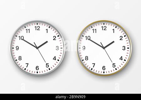 Horloge murale simple ronde argent et or Vector 3-d réaliste avec icône cadran blanc gros plan isolé sur fond blanc. Modèle de conception Illustration de Vecteur