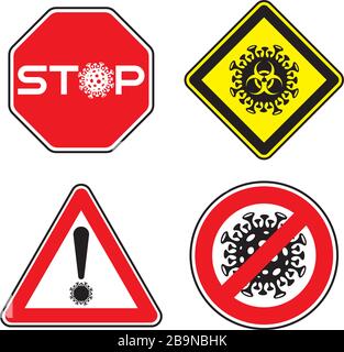 Ensemble de panneaux routiers avec symbole de virus corona. Arrêter l'illustration vectorielle du concept Covid-19. Illustration de Vecteur