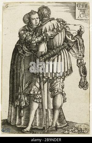 Mariage de grands danseurs : couple dansant (Holllstein 165) Heinrich Aldégraissant (ou Aldégraiver - 1502-V. 1555/1561). Les Grands danseurs de noce : couple dansant (Holllstein 165). Burin, 1538. Musée des Beaux-Arts de la Ville de Paris, petit Palais. Banque D'Images