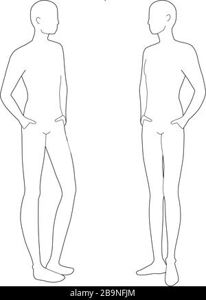 Modèle de mode de repos debout hommes. 9 dimensions de tête pour le dessin technique. Messieurs figure 3-4 vue. Silhouette vectorielle pour l'esquisse et l'illustration de mode. Illustration de Vecteur