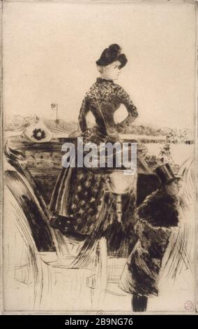 LES COURSES, FEMME DANS UN CALÈCHE NORBERT GOENEUTTE (1854-1894). 'Aux plats, femme dans une calèche, avant 1888'. Gravure (pointe flèche). Paris, musée Carnavalet. Banque D'Images