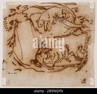 Jaguar regardant une antilope Antoine-Louis Barye (1796-1875). Antilope de guettant Jaguar. Panache, incruste de brune sur papier. Musée des Beaux-Arts de la Ville de Paris, petit Palais. Banque D'Images