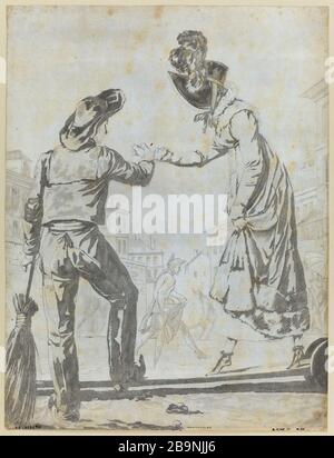 Billet coupe-file Louis-Philibert Debucourt (1755-1832), d'après Carle Vernet (1758-1836). « payeur passeur ». Gravitation (aquatinte). 1818. Paris, musée Carnavalet. Banque D'Images