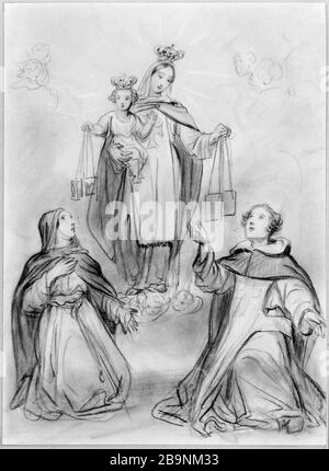 VIERGE ET ENFANT DONNANT LA SCAPULAIRE SAINT SIMON ET UNE STOCH SANTE CARMELITE OCTAVE TASSERT (1800-1874). 'La Vierge et l'enfant donnant le scapulaire à saint Simon Stoch et à une sainte carmélite'. Fusain et reshauts de gouache blanche sur papier crème, XIXe siècle. Musée des Beaux-Arts de la Ville de Paris, petit Palais. Banque D'Images