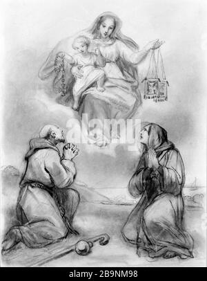 VIERGE ET ENFANT DONNANT LE ROSAIRE ET À SAINT SCAPULAR ET UN SAINT OCTAVE TASSERT (1800-1874). 'La Vierge et l'enfant donnant le rosaire et le scapulaire à un saint et à une sainte'. Fusain et reshauts de blanc sur papier crème, XIXème siècle. Musée des Beaux-Arts de la Ville de Paris, petit Palais. Banque D'Images