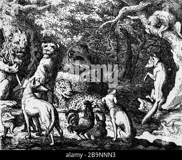 ILLUSTRATION DU ROMAN RENART VERS LE RENARD 26- 1650/1655, PRÈS D'ÊTRE PENDU, DEMANDER LA PERMISSION DE CONFESSER. IL EST PRÈS D'UN ARBRE QUI EST LE CAT DOIT PENDRE ALAERT VAN EVERDINGEN (1621-1675). Illustrations pour le 'Roman de Renart' : vers 1650-1655 : 26- 'le renard, près d'être pendu, de la permission de se confesser. Il est près d'un arbre auquel le chat se dispose à l'accrocher. Eau-forte. Musée des Beaux-Arts de la Ville de Paris, petit Palais. Banque D'Images