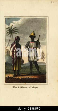 Homme et femme du Congo ou de la Basse-Guinée, Afrique, 1818. L'homme porte un chapeau conique, et la femme un châle rayé et une jupe. Gravure en copperplate de couleur à la main de Mary Anne Venning un présent géographique étant des descriptions des principaux pays du monde, Darton, Harvey et Darton, Londres, 1818. Venning a écrit des livres éducatifs sur la géographie, la conchologie et la minéralogie au début du XIXe siècle. Banque D'Images