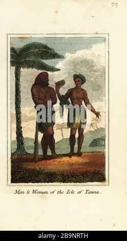 Homme et femme de l'île de Tanna, Vanuatu, 1818. Ils portent des jupes et colliers d'herbe, l'homme tient un cudgel et les panpipes de femme. Gravure en copperplate de couleur à la main de Mary Anne Venning un présent géographique étant des descriptions des principaux pays du monde, Darton, Harvey et Darton, Londres, 1818. Venning a écrit des livres éducatifs sur la géographie, la conchologie et la minéralogie au début du XIXe siècle. Banque D'Images