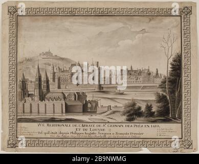 Vue sud de l'abbaye de Saint-Germain-des-Prés en 1410 et du Louvre. Banque D'Images